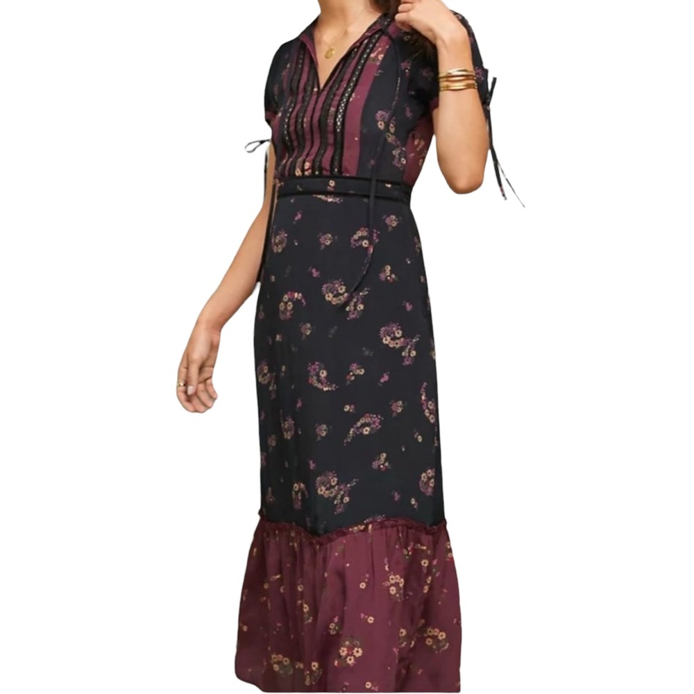Anthropologie Keep in Touch Floral Maxi Dress with Black Velvet Trim Size Medium